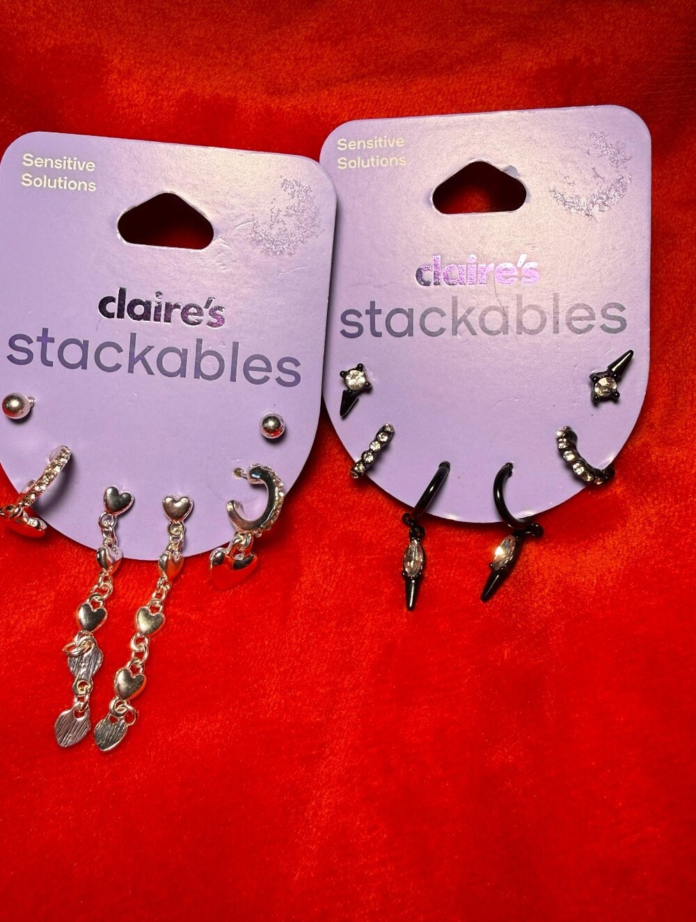 Claire's Silver Heart Stackable Earring Set with Purple Card
